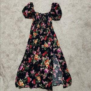 Olivaceous Black Floral Midi Dress with Multicolor Blooms